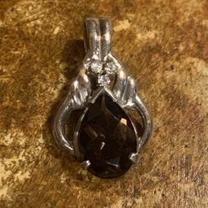 Sterling Silver, Pear Shaped Smoky Topaz and 3 Round Zircon Pendant